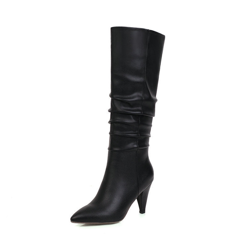 Tapered Heel And Pointed Toe Leather And Velvet High Boots