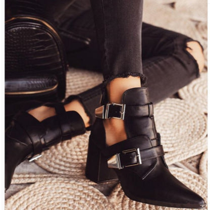 Fashion Short Boots Women's Thick Heel Motorcycle Boots Double Row Buckle Martin Boots