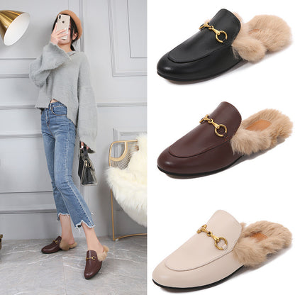 Flat-Bottomed Round Toe Autumn And Winter Women's Slippers Classic Horsebit Rabbit Fur Loafers