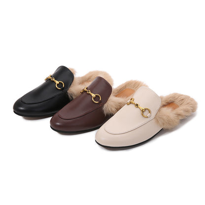 Flat-Bottomed Round Toe Autumn And Winter Women's Slippers Classic Horsebit Rabbit Fur Loafers