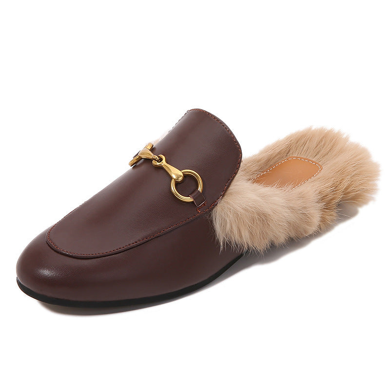 Flat-Bottomed Round Toe Autumn And Winter Women's Slippers Classic Horsebit Rabbit Fur Loafers