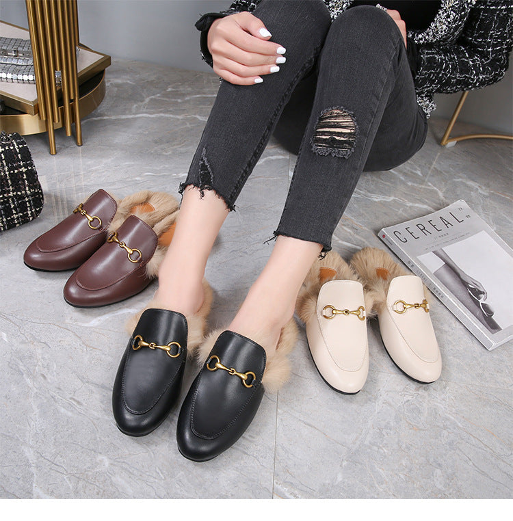 Flat-Bottomed Round Toe Autumn And Winter Women's Slippers Classic Horsebit Rabbit Fur Loafers