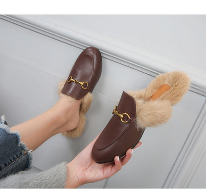 Flat-Bottomed Round Toe Autumn And Winter Women's Slippers Classic Horsebit Rabbit Fur Loafers