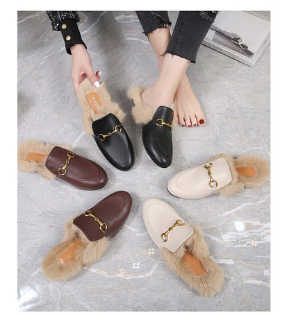 Flat-Bottomed Round Toe Autumn And Winter Women's Slippers Classic Horsebit Rabbit Fur Loafers