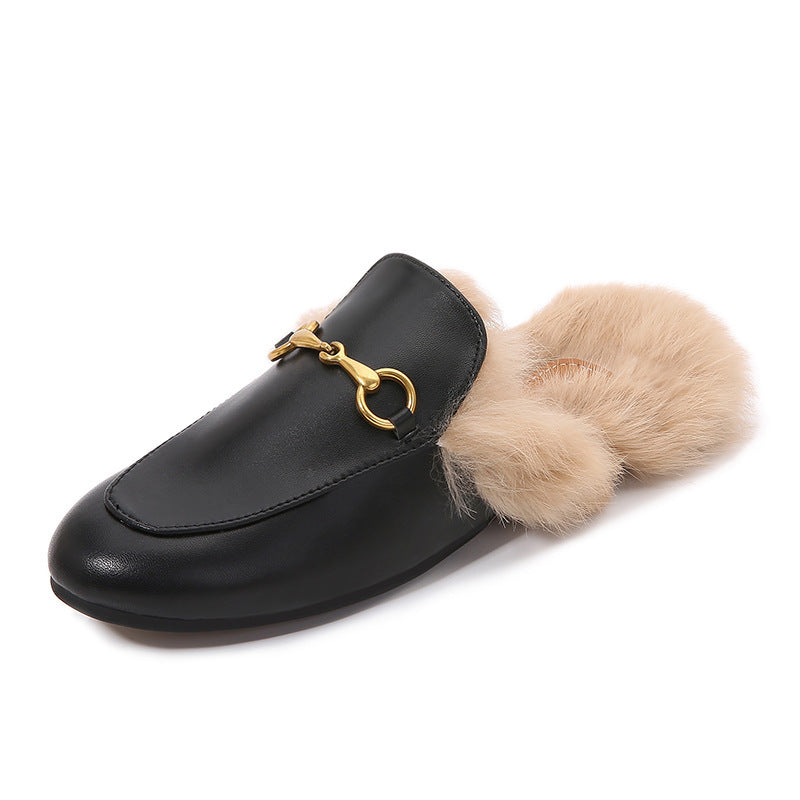 Flat-Bottomed Round Toe Autumn And Winter Women's Slippers Classic Horsebit Rabbit Fur Loafers