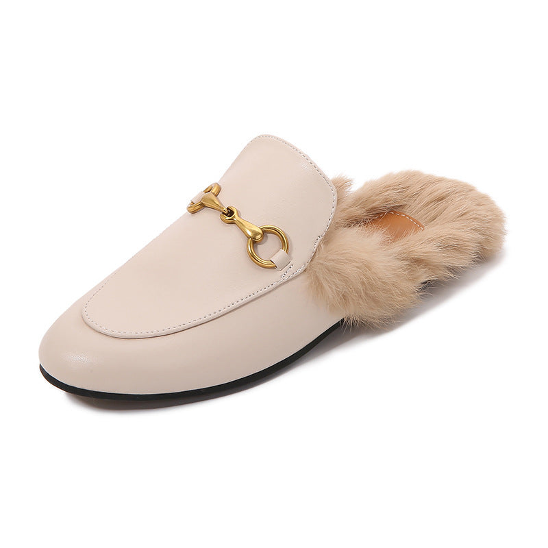 Flat-Bottomed Round Toe Autumn And Winter Women's Slippers Classic Horsebit Rabbit Fur Loafers