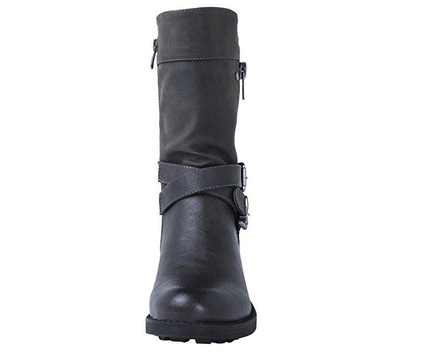 Botas informales de tacón bajo con cinturón y zapatos de mujer de talla grande