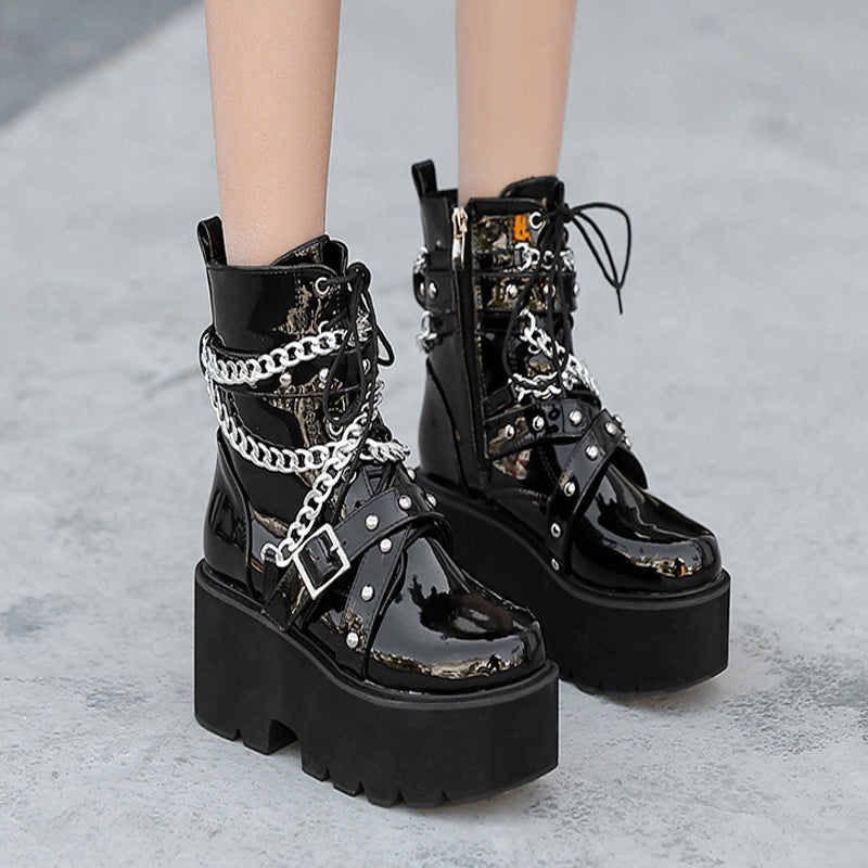 Platform Wedge Heel Muffin And Velvet Chain Lace-Up Martin Boots