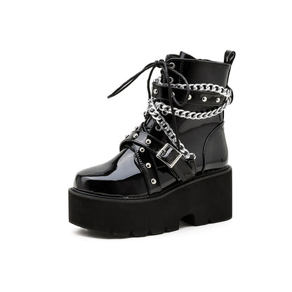 Platform Wedge Heel Muffin And Velvet Chain Lace-Up Martin Boots