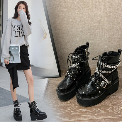 Platform Wedge Heel Muffin And Velvet Chain Lace-Up Martin Boots