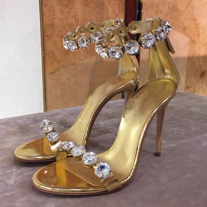 Summer New Sexy Word With Open Toe High Heels Stiletto Gold Rhinestone Sandals