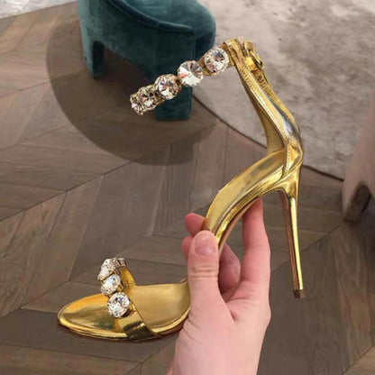 Summer New Sexy Word With Open Toe High Heels Stiletto Gold Rhinestone Sandals