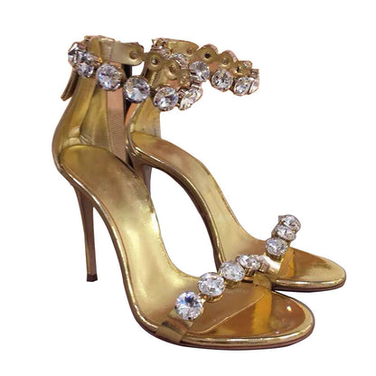 Summer New Sexy Word With Open Toe High Heels Stiletto Gold Rhinestone Sandals