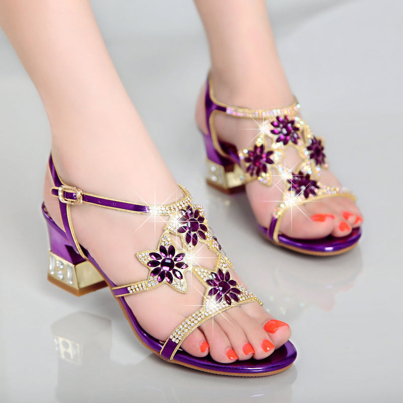 Women's Leather Diamond Thick Heel Sandals