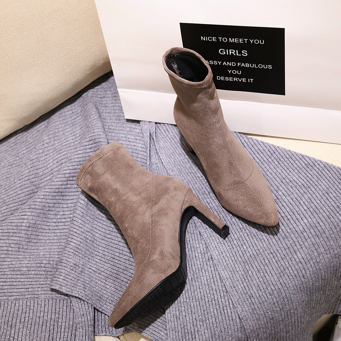 Fashion High Heel Pointed Suede Ankle Boots