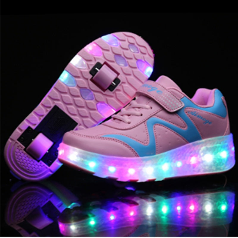 Chaussures à poulie lumineuses à LED colorées rechargeables à deux roues pour enfants