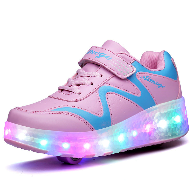 Chaussures à poulie lumineuses à LED colorées rechargeables à deux roues pour enfants