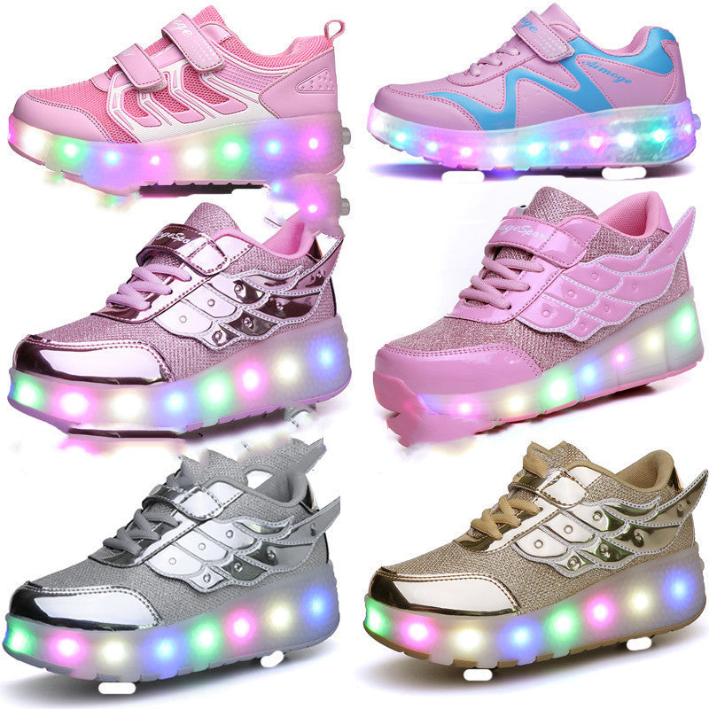 Zapatos de dos ruedas con luz LED recargable de colores, zapatos de polea luminosos para niños