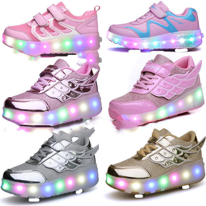 Chaussures à poulie lumineuses à LED colorées rechargeables à deux roues pour enfants