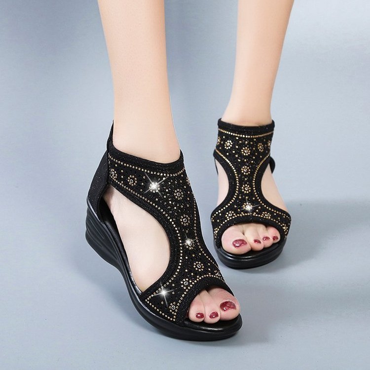 Summer New Style Wedge Heel Zipper Open Toe Rhinestone Sandals