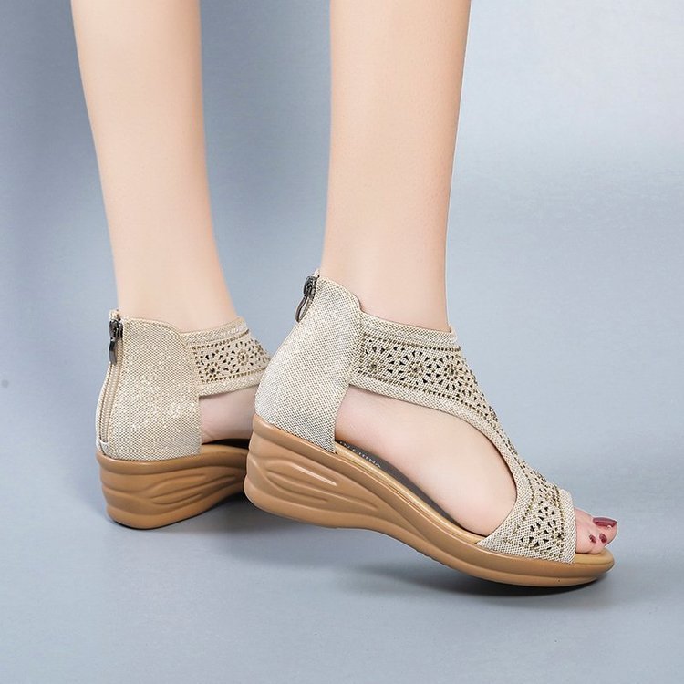 Summer New Style Wedge Heel Zipper Open Toe Rhinestone Sandals