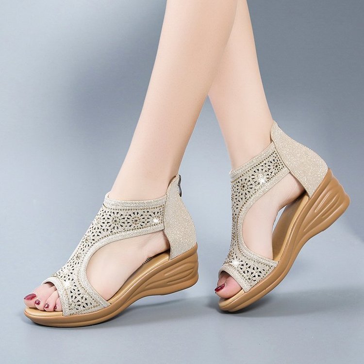 Sandales à talons compensés et bout ouvert avec fermeture éclair et strass, nouveau style d'été