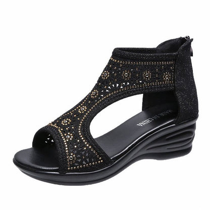 Summer New Style Wedge Heel Zipper Open Toe Rhinestone Sandals