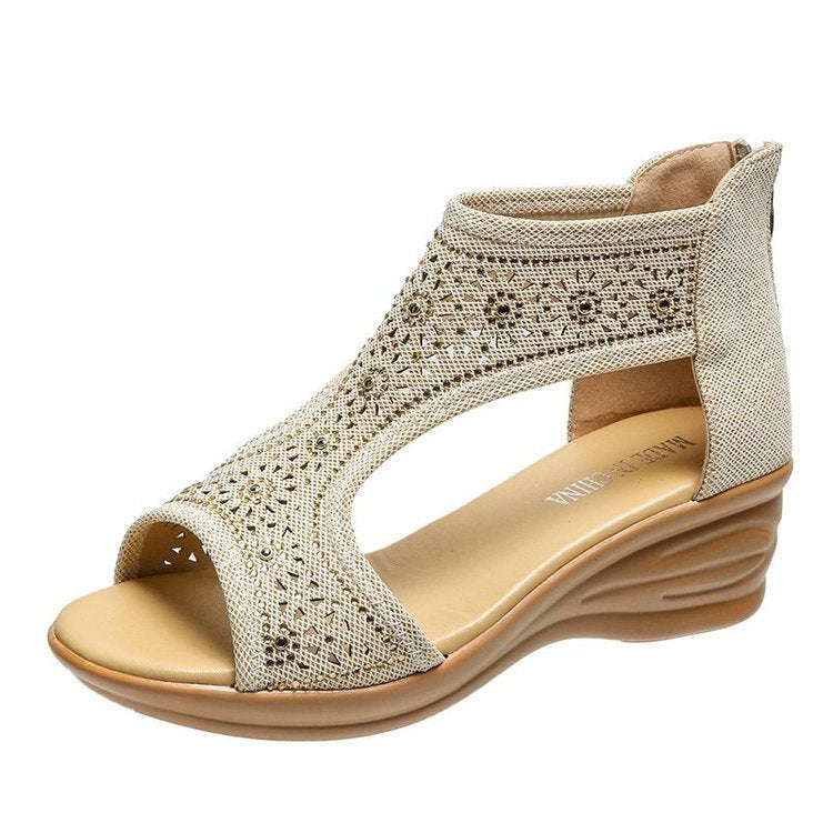 Summer New Style Wedge Heel Zipper Open Toe Rhinestone Sandals