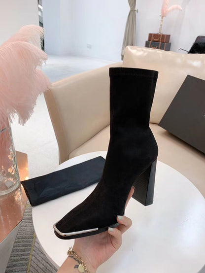 Bottes courtes à talons hauts en métal pour femmes, talons épais, mi-tubes