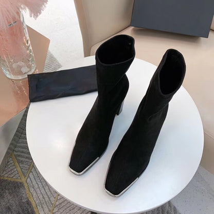 Bottes courtes à talons hauts en métal pour femmes, talons épais, mi-tubes