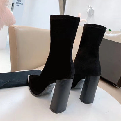 Bottes courtes à talons hauts en métal pour femmes, talons épais, mi-tubes