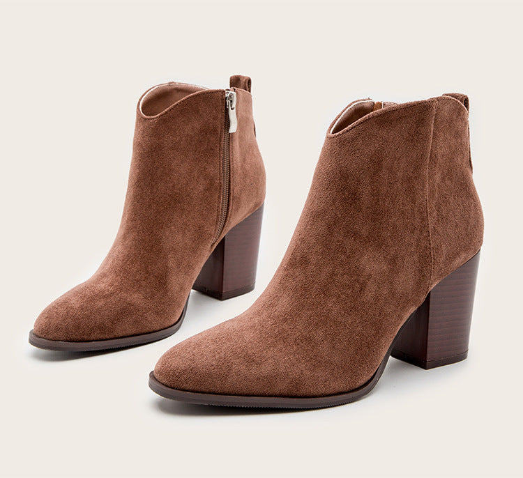 Shoes European And American Foreign Trade Fashion Suede Short Boots Thick Heel  Ladies  Boots