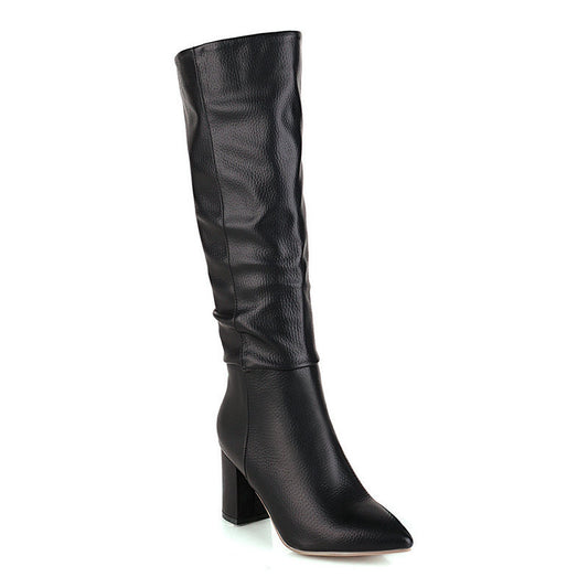 Medium Tube Pointed Toe Thick Heel And Fleece Boots