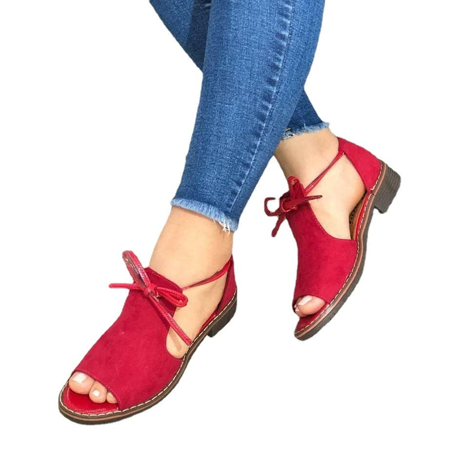 Summer New Style Fish Mouth Front Lace Up Side Hollow Square Heel Women Sandals