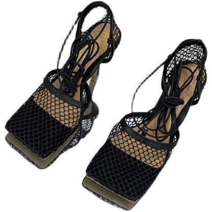 New Spring European And American Fashion Sandals Mesh Breathable Square Toe Cross Straps Ladies Stiletto Heels 979-8