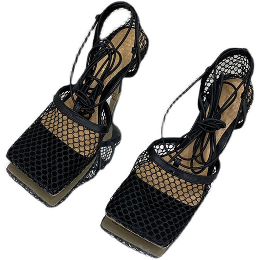 New Spring European And American Fashion Sandals Mesh Breathable Square Toe Cross Straps Ladies Stiletto Heels 979-8