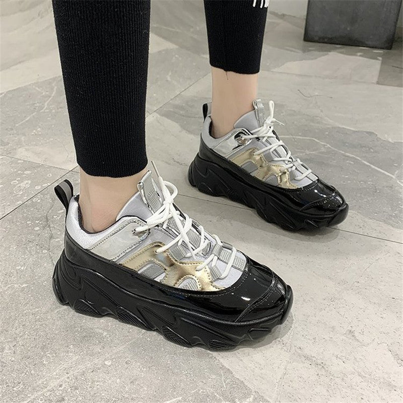 Patent Leather Thick-soled High-rise Casual Polyurethane Sneakers