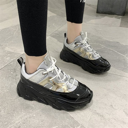 Patent Leather Thick-soled High-rise Casual Polyurethane Sneakers