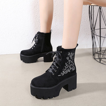 Winter European And American Embroidered Thick-Heel Martin Women'S Boots Waterproof Platform Round Toe Platform Lace-Up High-Heeled Ankle Boots