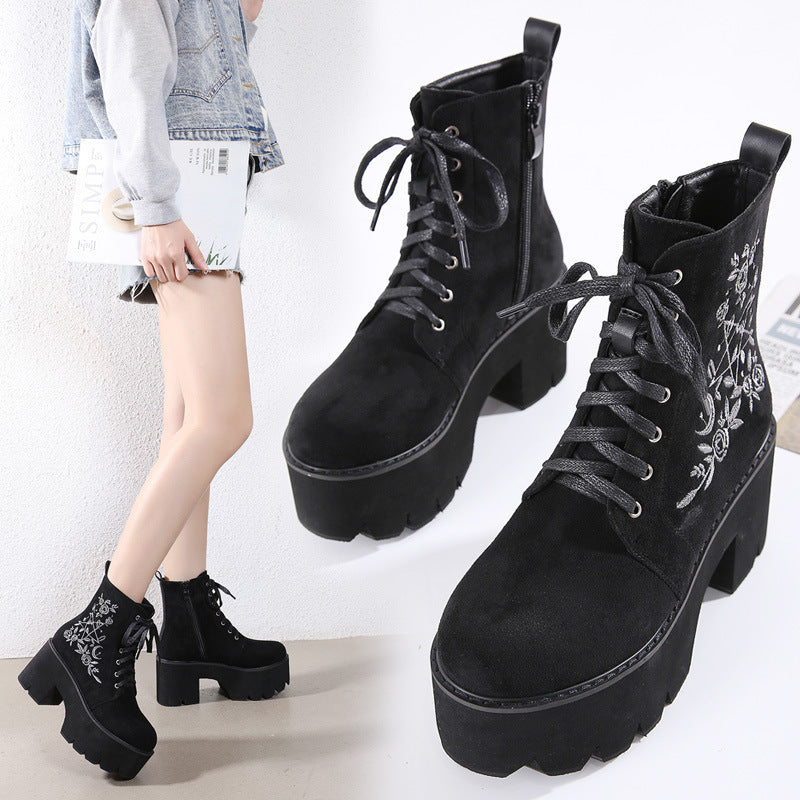 Winter European And American Embroidered Thick-Heel Martin Women'S Boots Waterproof Platform Round Toe Platform Lace-Up High-Heeled Ankle Boots