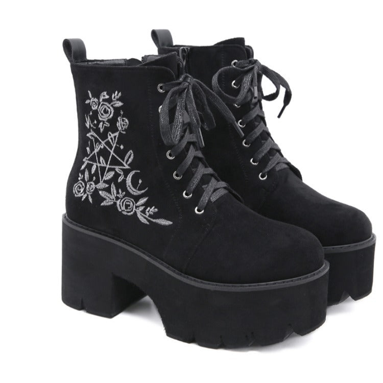 Winter European And American Embroidered Thick-Heel Martin Women'S Boots Waterproof Platform Round Toe Platform Lace-Up High-Heeled Ankle Boots