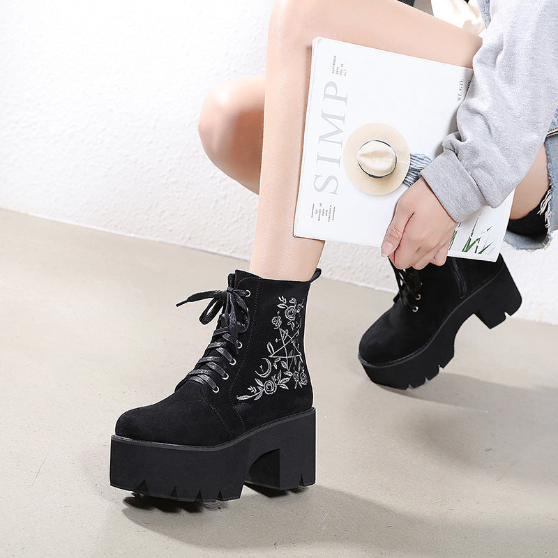 Winter European And American Embroidered Thick-Heel Martin Women'S Boots Waterproof Platform Round Toe Platform Lace-Up High-Heeled Ankle Boots