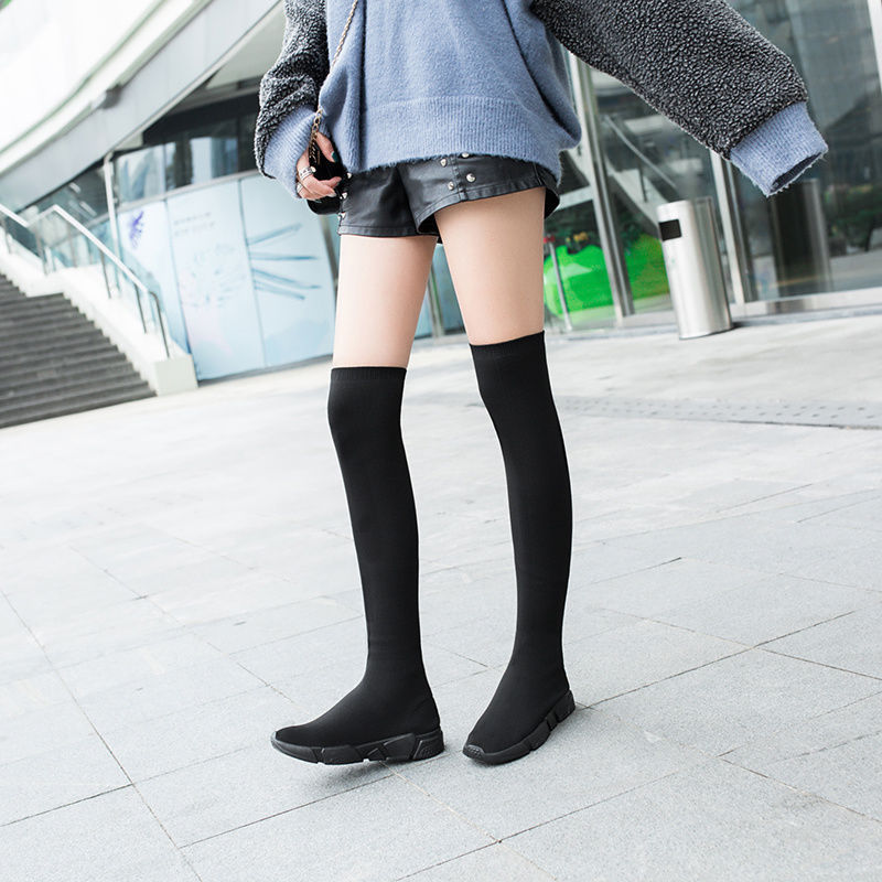 Over The Knee Knitted Wool Stretch Net Red Long Tube Socks Shoes Women Flat Thin Boots