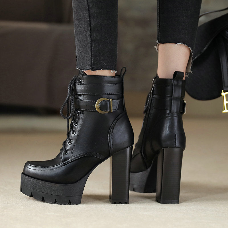 Gdgydh Russian Hots Sales Women Shoes Thick Platform High Heel Female Ankle Boots Round Toe Lace up Zipper Motorcycle Boots