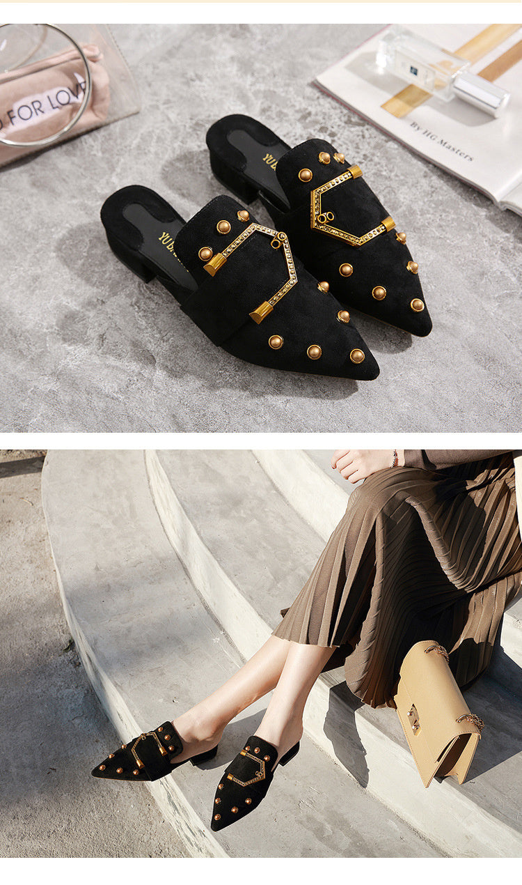 Korean Version Of The New Fashion Pointed Toe Women's Shoes Thick Heel Suede Rivets Women's Half-Drag Lazy Sandals