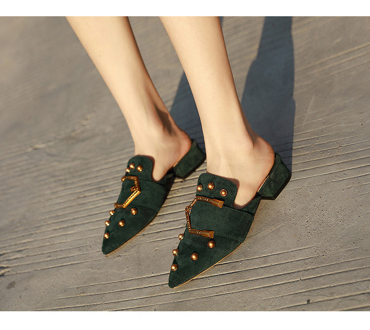 Korean Version Of The New Fashion Pointed Toe Women's Shoes Thick Heel Suede Rivets Women's Half-Drag Lazy Sandals