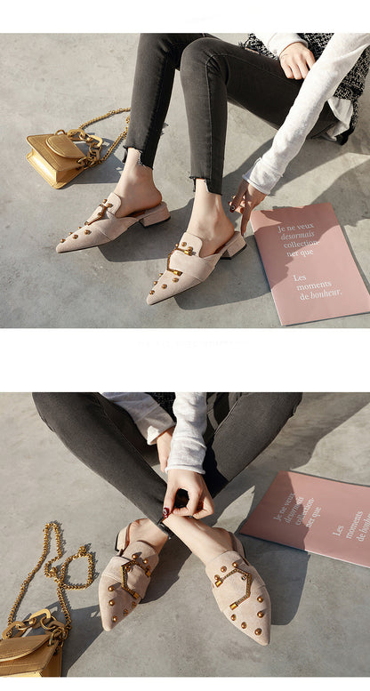 Korean Version Of The New Fashion Pointed Toe Women's Shoes Thick Heel Suede Rivets Women's Half-Drag Lazy Sandals