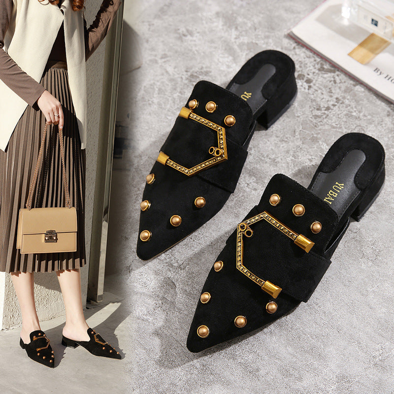 Korean Version Of The New Fashion Pointed Toe Women's Shoes Thick Heel Suede Rivets Women's Half-Drag Lazy Sandals