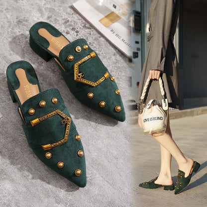 Korean Version Of The New Fashion Pointed Toe Women's Shoes Thick Heel Suede Rivets Women's Half-Drag Lazy Sandals