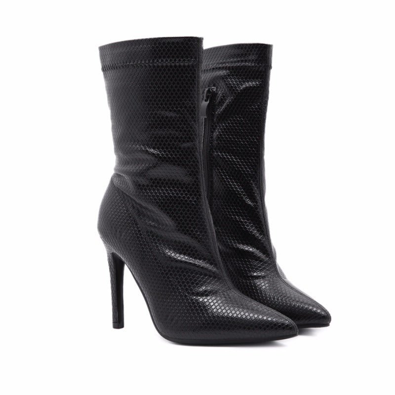 Snake Pattern Pointed Toe Stiletto Super High Heel Mid-Boots Ankle Boots Women'S Plus Size